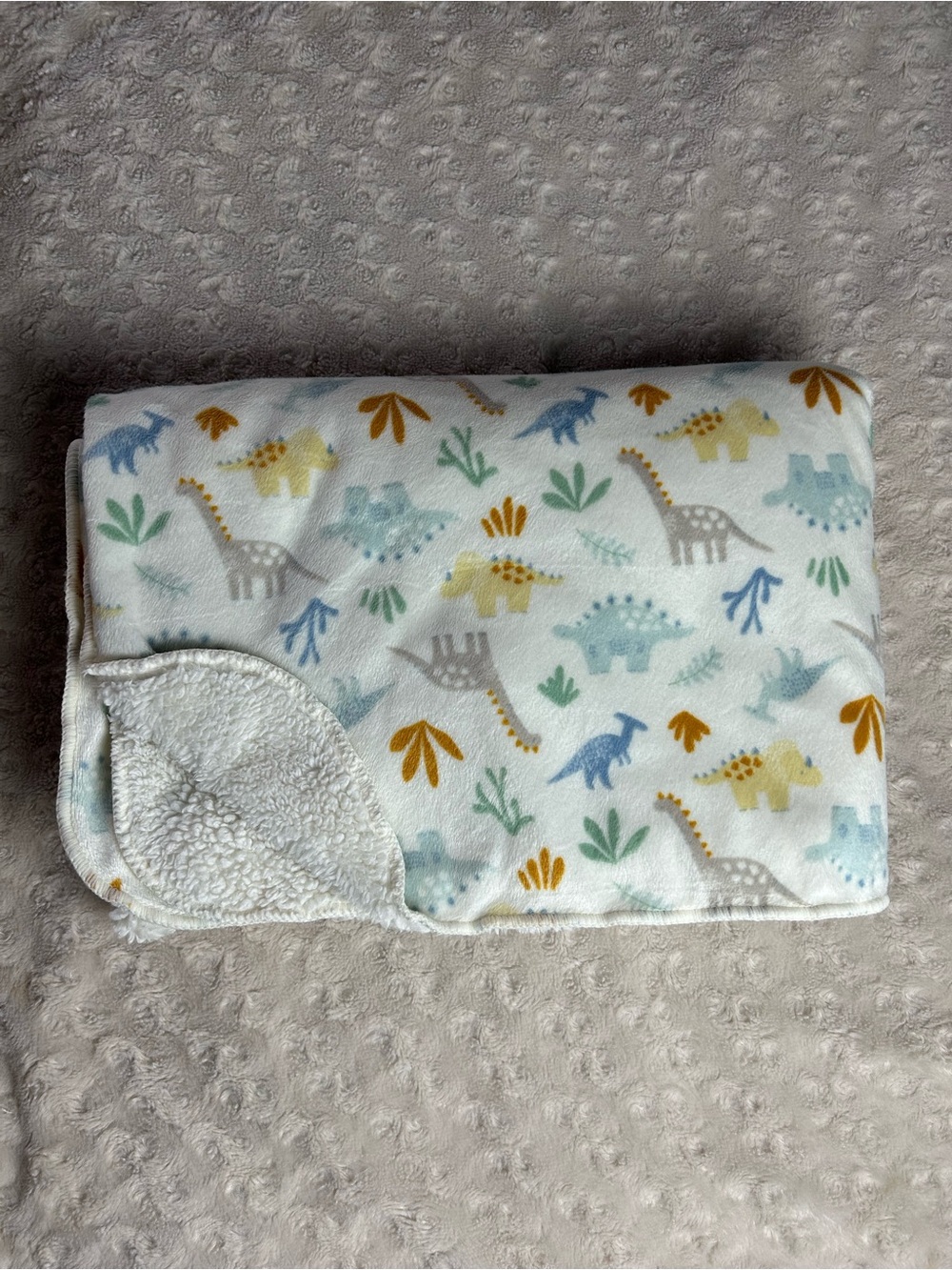 Kyle & Deena Dinosaur Baby Blanket Yellow White Blue Green Orange Sherpa Leaves